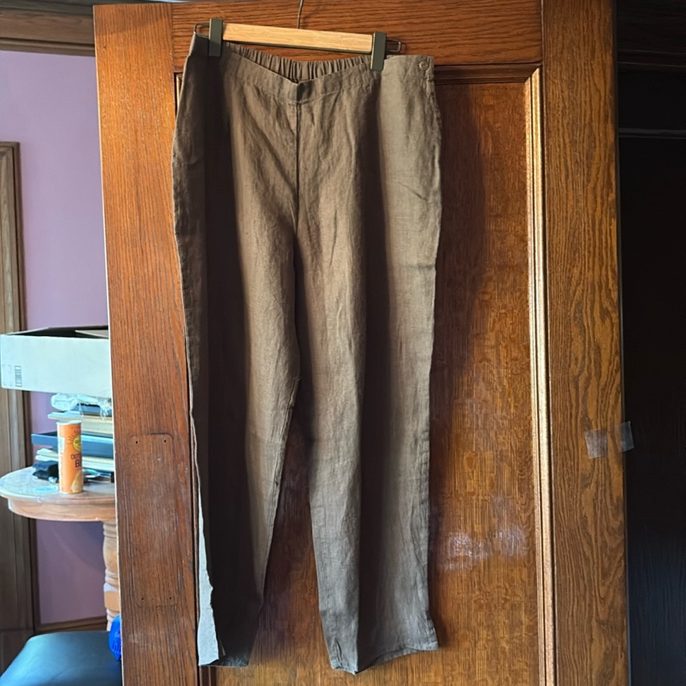FLAX linen brown flat front Women's wide leg pants